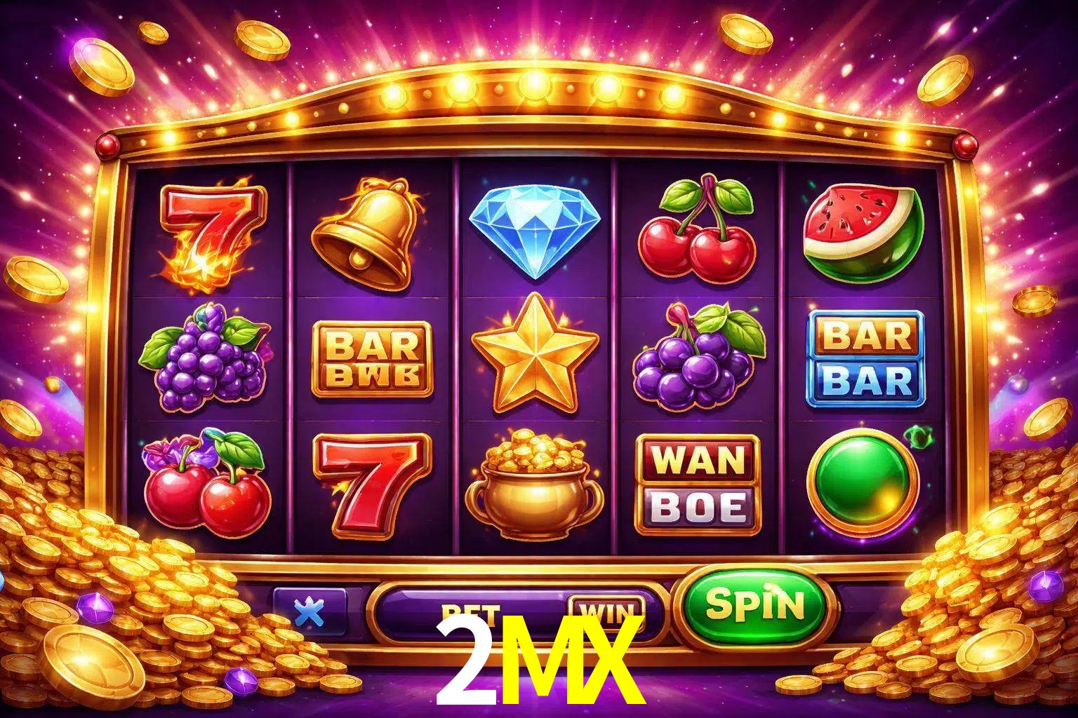 Una interfaz colorida de tragamonedas en línea con símbolos brillantes, monedas y un efecto de victoria celebratoria en 2MX.