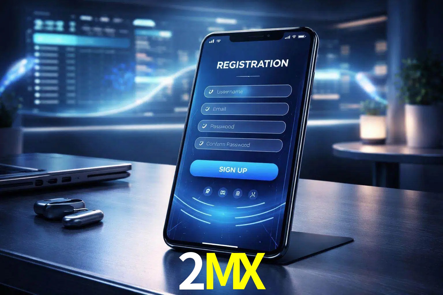 Una interfaz moderna de registro móvil para 2MX mostrada en un smartphone con un panel de apuestas elegante.